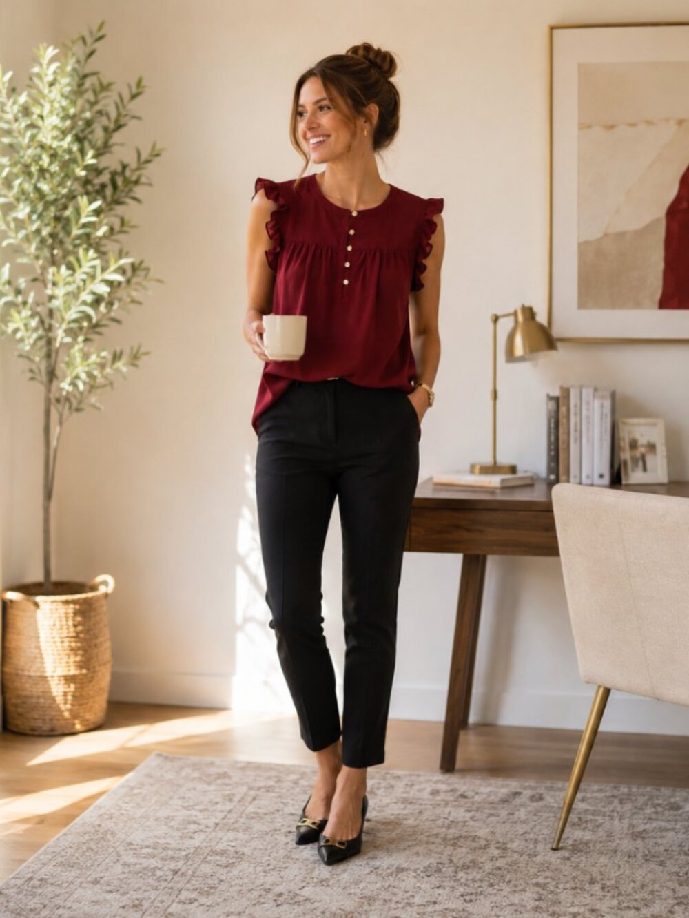 LOFT Petites Burgundy Ruffle Sleeve Button Front Blouse | SP